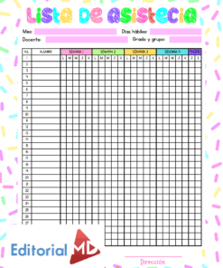Colorida hoja de asistencia de alumnos en español con columnas para nombres, asistencia semanal (por día) y ausencias. Incluye campos para el mes, el profesor, los días lectivos, el curso, el grupo y adornos brillantes en forma de confeti.