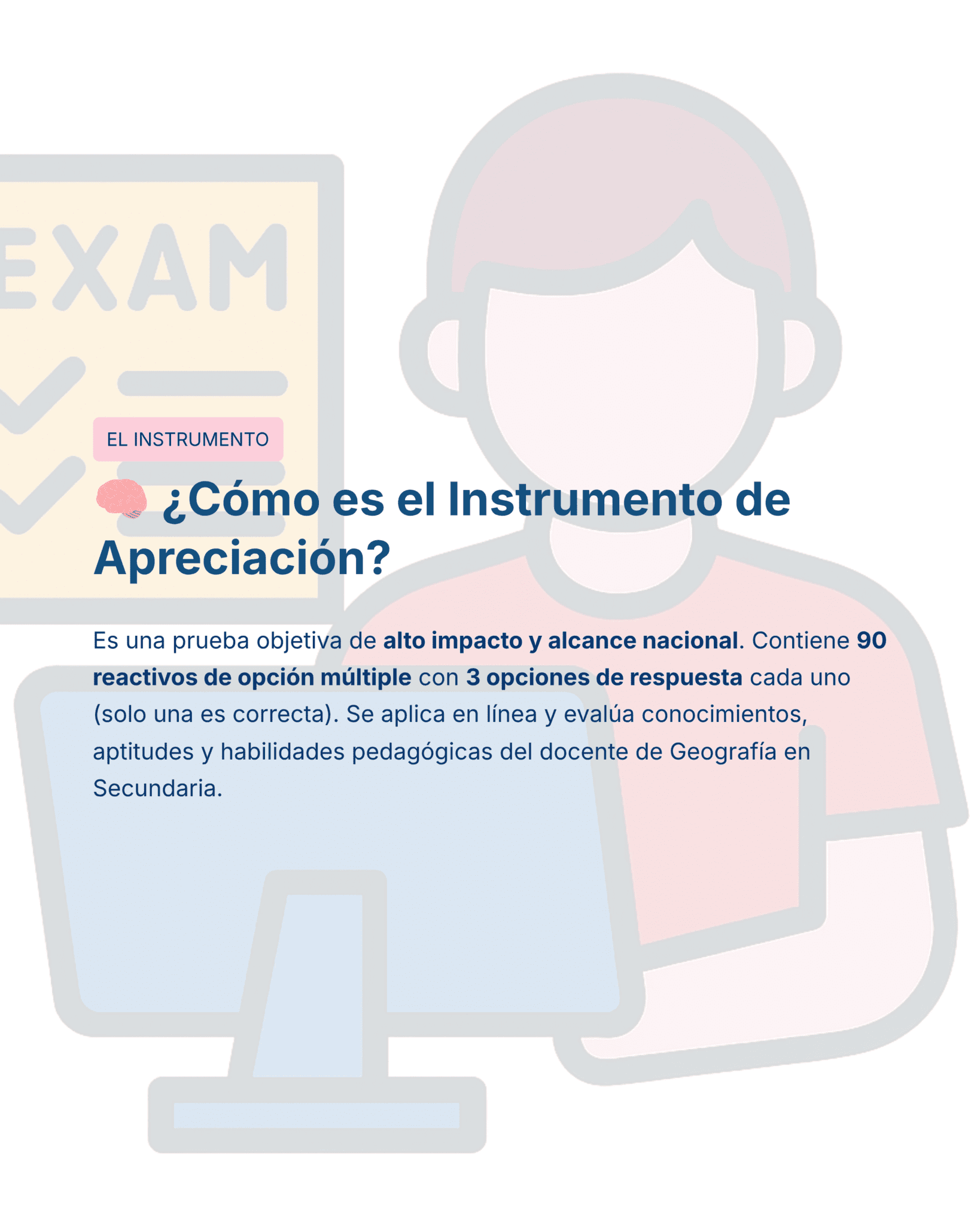 Guía de Estudio HORAS ADICIONALES GEOGRAFÍA Educación Secundaria- USICAMM 2026 - 2027 + (Simulador 90 Reactivos) 16 Ilustración de una persona que sostiene un papel con la etiqueta "EXAM" detrás de un ordenador. Texto en español que explica el Instrumento de Apreciación, un examen en línea para profesores de geografía de secundaria con 90 preguntas de opción múltiple.