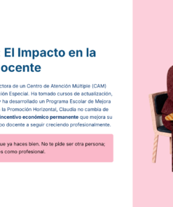 Ilustración de un profesor sentado en un pupitre ayudando a escribir a un joven alumno, junto a un texto en español sobre el impacto positivo del crecimiento profesional en la carrera de un profesor.
