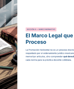 Libros de derecho abiertos y documentos sobre un escritorio con una lupa y un bolígrafo cerca; al fondo, una estantería con más libros. El texto trata del marco jurídico que sustenta un proceso relacionado con la enseñanza.