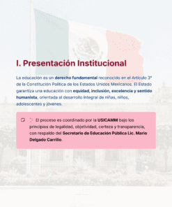 Imagen con fondo difuminado de la bandera mexicana y un edificio histórico. El texto destaca el derecho fundamental a la educación en México, haciendo hincapié en la equidad, la inclusión y la excelencia. Un recuadro rosa hace referencia a la coordinación del proceso por parte de USICAMM.