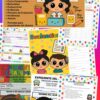 Colorido kit educativo español para expedientes de alumnos, con niños de dibujos animados, organigramas, hojas de evaluación, iconos y textos como "Kit de expediente del alumno" y "Miss Josy's Class", todo sobre fondos vibrantes.