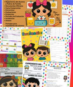 Colorido kit educativo español para expedientes de alumnos, con niños de dibujos animados, organigramas, hojas de evaluación, iconos y textos como "Kit de expediente del alumno" y "Miss Josy's Class", todo sobre fondos vibrantes.