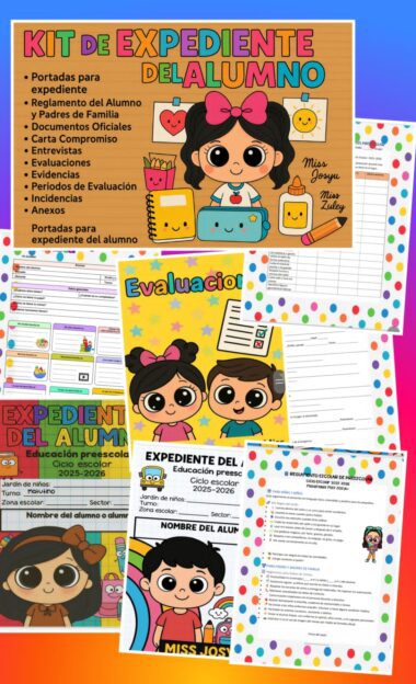 Colorido kit educativo español para expedientes de alumnos, con niños de dibujos animados, organigramas, hojas de evaluación, iconos y textos como "Kit de expediente del alumno" y "Miss Josy's Class", todo sobre fondos vibrantes.