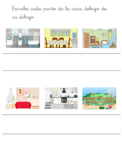 El libro de vocabulario inglés (Libro de vocabulario inglés, 5-7 años) incluye una hoja de trabajo con imágenes de habitaciones como el baño, el comedor, el dormitorio, la sala de estar, la cocina y el jardín para que los niños escriban cada nombre en inglés.