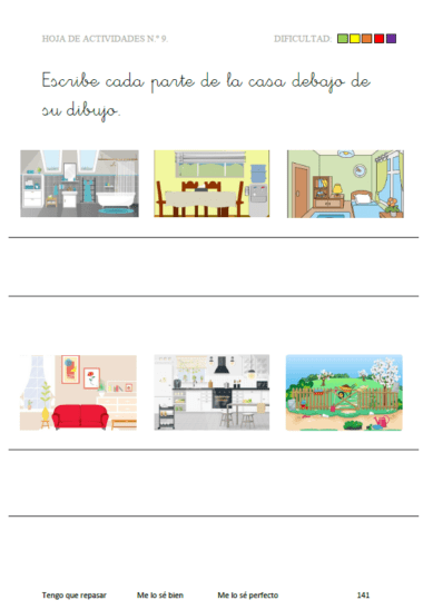 El libro de vocabulario inglés (Libro de vocabulario inglés, 5-7 años) incluye una hoja de trabajo con imágenes de habitaciones como el baño, el comedor, el dormitorio, la sala de estar, la cocina y el jardín para que los niños escriban cada nombre en inglés.