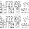 Planeación JUGANDO APRENDEMOS LAS REGLAS modalidad ABJ aprendizaje basado en el juego (Preescolar) 17 Hoja de trabajo en blanco y negro con dieciséis imágenes de dibujos animados de niños que expresan diversas emociones y acciones, dispuestas en dos grupos idénticos separados por una línea de corte discontinua.