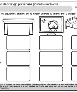 Hoja de ejercicios en español que muestra una mesa, un televisor y una cama. Debajo hay casillas para anotar las medidas y un diagrama de una mano y un pie con los que medir. Las instrucciones y una nota guían a los alumnos para medir objetos domésticos.