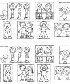Hoja de trabajo en blanco y negro con dieciséis imágenes de dibujos animados de niños que expresan diversas emociones y acciones, dispuestas en dos grupos idénticos separados por una línea de corte discontinua.