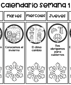 Calendario semanal ilustrado en blanco y negro en español para la 