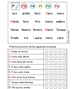 Hoja de ejercicios para practicar la lectura en español: presenta las sílabas 