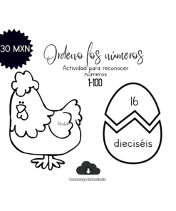Hoja de trabajo en blanco y negro para niños con una gallina, un huevo roto que muestra el número 16 y "dieciséis" en español, etiqueta de precio de $30 MXN y texto sobre el reconocimiento de los números del 1 al 100.