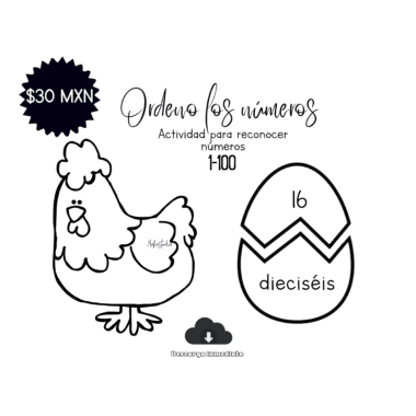 Hoja de trabajo en blanco y negro para niños con una gallina, un huevo roto que muestra el número 16 y "dieciséis" en español, etiqueta de precio de $30 MXN y texto sobre el reconocimiento de los números del 1 al 100.