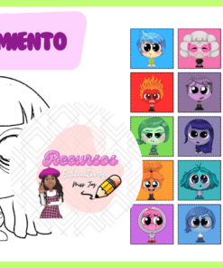 Una página para colorear de una niña con un patrón de cuadrícula diagonal en el fondo. A la derecha, hay una cuadrícula de cuadros coloridos, cada uno de los cuales muestra una cara animada con diferentes emociones como 