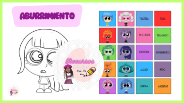 Una página para colorear de una niña con un patrón de cuadrícula diagonal en el fondo. A la derecha, hay una cuadrícula de cuadros coloridos, cada uno de los cuales muestra una cara animada con diferentes emociones como "Tristeza", "Alegre", "Miedo", etc., y las palabras correspondientes para cada emoción.