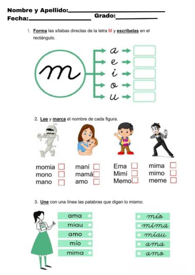 Una hoja de ejercicios en español para niños con actividades sobre la letra "M": emparejar sílabas, marcar palabras que coincidan con imágenes y conectar palabras similares. Las ilustraciones incluyen niños, una mamá, una mano y una mujer de verde.