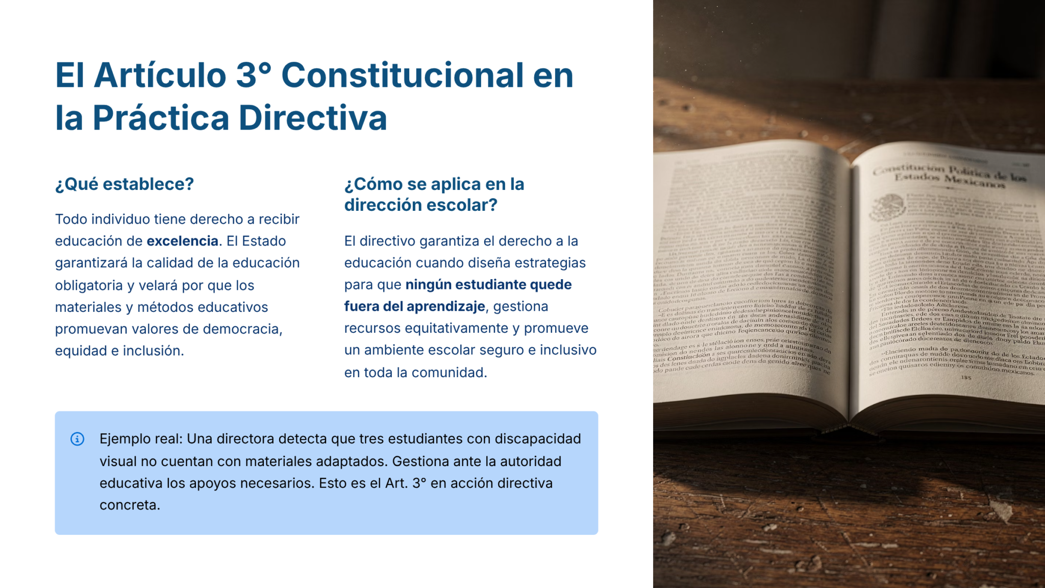 Guía de Estudio PROMOCIÓN HORIZONTAL Educación SECUNDARIA – USICAMM 2026 – 2027 + (Simulador 90 Reactivos) 7 Diapositiva que explica el artículo 3 de la Constitución Política de los Estados Unidos Mexicanos y su aplicación en el liderazgo escolar. Incluye texto resaltado, un recuadro informativo azul con un ejemplo de la vida real y un libro abierto sobre una mesa de madera.