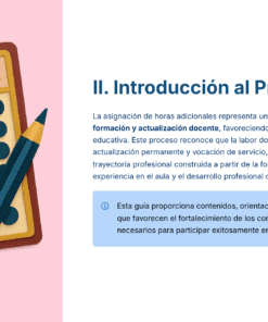 Una ilustración de una hoja de respuestas de opción múltiple marcada con un lápiz aparece junto a un texto en español en el que se habla de la introducción a un proceso educativo y de la importancia del desarrollo continuo del profesorado.