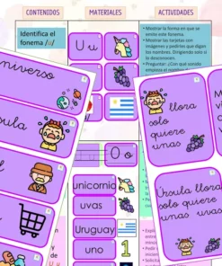 Una colección de materiales educativos de enseñanza del idioma español para niños de Planeación para Trabajar la Lectoescritura (Vocales) que incluye tarjetas y hojas de trabajo con ilustraciones como unicornios, flores y animales etiquetados en español, centrándose en las voces.
