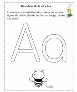 Hoja de trabajo educativa que presenta la letra a de Iniciando en el ABC con flechas para guiar la escritura y una caricatura de una abeja, denominada 
