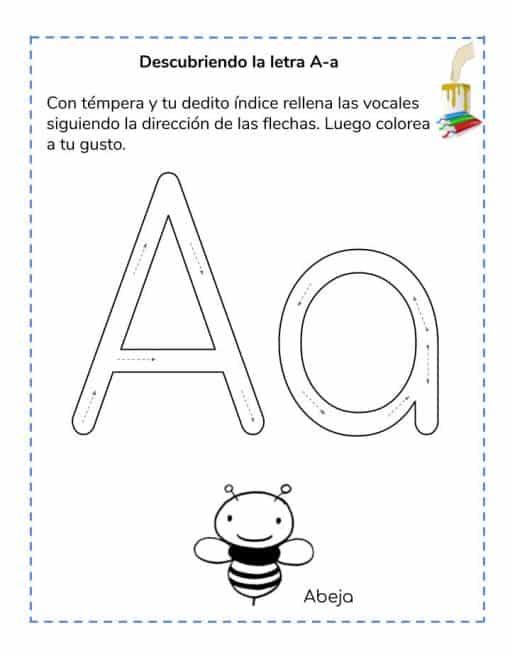 Hoja de trabajo educativa que presenta la letra a de Iniciando en el ABC con flechas para guiar la escritura y una caricatura de una abeja, denominada "abeja a" en español, con espacios para colorear.