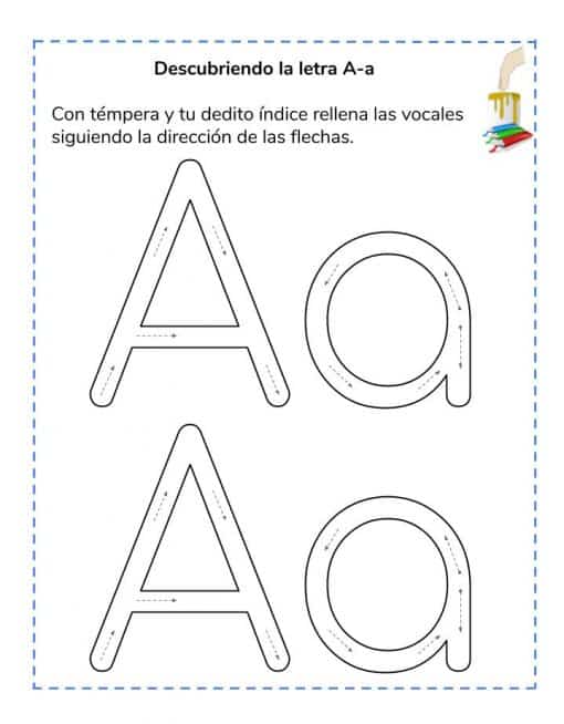 Hoja de trabajo educativa titulada "Iniciando en el ABC" que presenta contornos de la letra 'a' mayúscula y minúscula para trazar, con flechas que indican la dirección del trazado.
