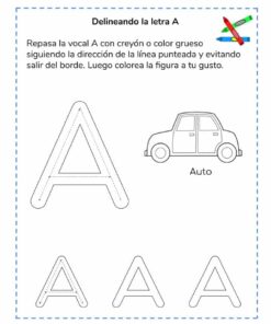 Hoja de trabajo en español de la serie Iniciando en el ABC con instrucciones para trazar la letra a a lo largo de una línea de puntos, seguida de una actividad para colorear el contorno de un automóvil, etiquetado como 