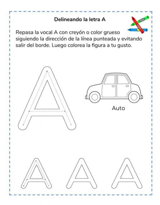 Hoja de trabajo en español de la serie Iniciando en el ABC con instrucciones para trazar la letra a a lo largo de una línea de puntos, seguida de una actividad para colorear el contorno de un automóvil, etiquetado como "auto". Se muestra un crayón con una señal de prohibición, que indica que no se puede colorear.