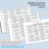 Sobre un fondo azul claro aparecen tres documentos con tablas que contienen texto. El título reza "Observaciones Trimestrales Fase 5" y un texto en color debajo destaca la información para sexto curso, 26 alumnos, por áreas temáticas.