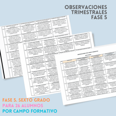 Sobre un fondo azul claro aparecen tres documentos con tablas que contienen texto. El título reza "Observaciones Trimestrales Fase 5" y un texto en color debajo destaca la información para sexto curso, 26 alumnos, por áreas temáticas.