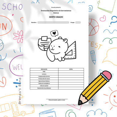 Hoja de trabajo titulada "Evaluación diagnóstica de herramientas básicas" para sexto curso, con un oso de dibujos animados con un corazón, una regla y libros. El fondo tiene coloridos garabatos de temática escolar y una ilustración a lápiz.