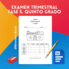 Gráfico en color con el texto "Examen Trimestral Fase 5. Quinto Grado. Quinto Grado" sobre una hoja de trabajo con un barco de dibujos animados, una tabla y espacios en blanco para el nombre y el grupo. Incluye un lápiz, un sacapuntas y un icono de documento de Word.