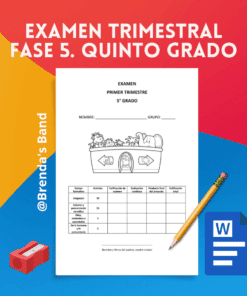 Gráfico en color con el texto "Examen Trimestral Fase 5. Quinto Grado. Quinto Grado" sobre una hoja de trabajo con un barco de dibujos animados, una tabla y espacios en blanco para el nombre y el grupo. Incluye un lápiz, un sacapuntas y un icono de documento de Word.