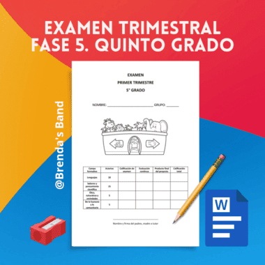 Gráfico en color con el texto "Examen Trimestral Fase 5. Quinto Grado. Quinto Grado" sobre una hoja de trabajo con un barco de dibujos animados, una tabla y espacios en blanco para el nombre y el grupo. Incluye un lápiz, un sacapuntas y un icono de documento de Word.
