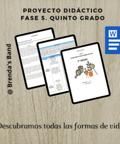 Tres tabletas digitales muestran páginas de un proyecto educativo de quinto curso. La portada muestra dibujos de manos y una planta. El texto dice: "Descubramos todas las formas de vida". En la esquina aparece el icono de un documento de Word.