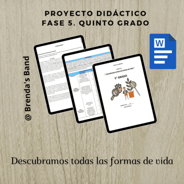 Tres tabletas digitales muestran páginas de un proyecto educativo de quinto curso. La portada muestra dibujos de manos y una planta. El texto dice: "Descubramos todas las formas de vida". En la esquina aparece el icono de un documento de Word.