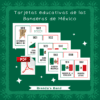 Las tarjetas educativas muestran la evolución de las banderas mexicanas desde 1810 hasta 1968, incluyendo imágenes de cada bandera, años etiquetados y un icono PDF. Fondo verde decorativo con acentos florales y el título en español.