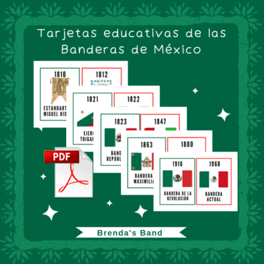 Las tarjetas educativas muestran la evolución de las banderas mexicanas desde 1810 hasta 1968, incluyendo imágenes de cada bandera, años etiquetados y un icono PDF. Fondo verde decorativo con acentos florales y el título en español.