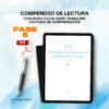 Una tableta digital muestra un cuaderno de ejercicios de comprensión lectora en español, acompañado de un bolígrafo, un cuaderno negro cerrado y un icono PDF con la etiqueta "FASE 5" sobre un fondo azul y blanco texturizado.