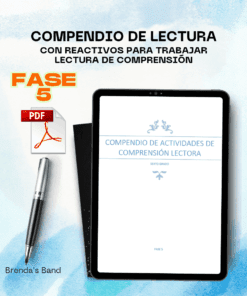 Una tableta digital muestra un cuaderno de ejercicios de comprensión lectora en español, acompañado de un bolígrafo, un cuaderno negro cerrado y un icono PDF con la etiqueta "FASE 5" sobre un fondo azul y blanco texturizado.