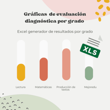 Gráfico de barras que muestra los resultados de la evaluación de diagnóstico por curso para cuatro asignaturas: Lectura (amarillo), Matemáticas (naranja), Producción de textos (rojo) y Mejoredu (verde), con un icono XLS que indica la salida en Excel.
