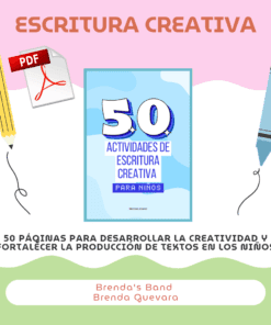 Portada del libro "50 Actividades de Escritura Creativa para Niños" centrada, con lápices y un icono PDF sobre fondo rosa y azul. El texto destaca el desarrollo de la creatividad y la escritura en los niños.