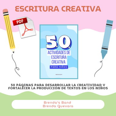 Portada del libro "50 Actividades de Escritura Creativa para Niños" centrada, con lápices y un icono PDF sobre fondo rosa y azul. El texto destaca el desarrollo de la creatividad y la escritura en los niños.
