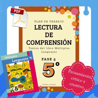 Gráfico educativo en color con una portada en PDF titulada "Lectura de Comprensión" para 5º curso, con una imagen de un libro de texto llamado "Múltiples Lenguajes" y un distintivo rojo que dice "Pensamiento crítico y creativo".