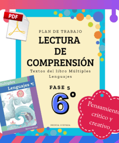 Colorido póster educativo para la comprensión lectora de 6º curso, con la portada de un libro, el icono de un PDF y una etiqueta roja que dice "Pensamiento, crítico y creativo." El texto está en español.