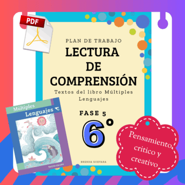 Colorido póster educativo para la comprensión lectora de 6º curso, con la portada de un libro, el icono de un PDF y una etiqueta roja que dice "Pensamiento, crítico y creativo." El texto está en español.