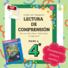 Gráfico colorido que presenta un plan PDF de comprensión lectora de 4º grado basado en el libro "Múltiples Lenguajes", con elementos de diseño creativo y una nota que promueve el pensamiento crítico y creativo.