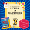 Portada de cuaderno de ejercicios en español para comprensión lectora de 3º de primaria, con el libro "Múltiples Lenguajes", el icono PDF y texto que fomenta el pensamiento crítico y creativo sobre un fondo azul estampado.