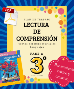 Portada de cuaderno de ejercicios en español para comprensión lectora de 3º de primaria, con el libro "Múltiples Lenguajes", el icono PDF y texto que fomenta el pensamiento crítico y creativo sobre un fondo azul estampado.