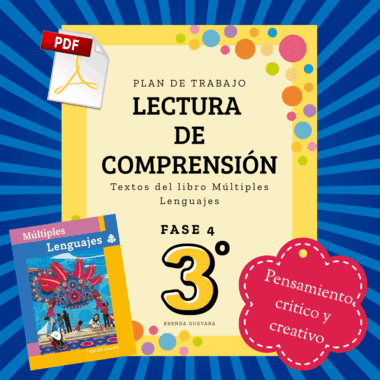 Portada de cuaderno de ejercicios en español para comprensión lectora de 3º de primaria, con el libro "Múltiples Lenguajes", el icono PDF y texto que fomenta el pensamiento crítico y creativo sobre un fondo azul estampado.